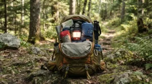 A lightweight butane camping lantern packed neatly alongside outdoor gear in an open rucksack.