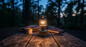 A butane camping lantern illuminating a wooden picnic table during a dusk campsite meal in the countryside.