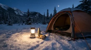 A sturdy butane camping lantern glowing on the snow outside a mountain tent on a freezing evening.