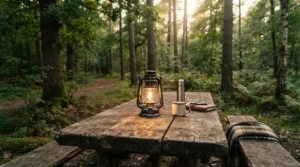 A cheap rechargeable camping lantern lighting up an outdoor wooden picnic table.