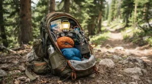 A compact LED camping lantern peeking out of an open rucksack alongside hiking gear for a weekend in Snowdonia.