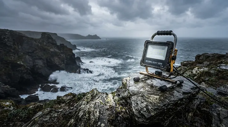 A durable LED camping lantern sitting on a rugged coastal cliff path during a stormy evening coastal walk.