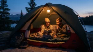 A warm gas camping lantern illuminating a family tent during a weekend break in the Lake District.