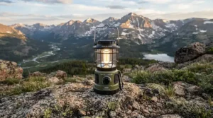 A rugged gas camping lantern resting on a flat rock beside a backpack during an overnight hike.