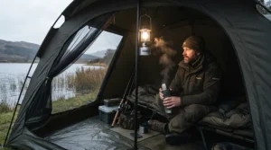 Demonstrating safe bivvy ventilation while using a gas lantern for night fishing in cold weather.