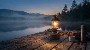 A gas lantern for night fishing illuminating a peaceful lake bank during an evening session in Britain.