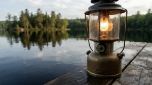 A gas lantern for night fishing casting a subtle amber light that doesn't spook fish.
