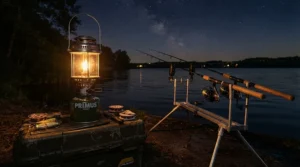 A long burn time gas lantern for night fishing set up for an all-night carp angling vigil.