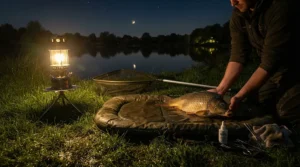 A gas lantern for night fishing providing light near the unhooking mat during a late catch.