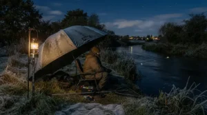 An angler setting up a gas lantern for night fishing on a frosty winter bank in the UK.