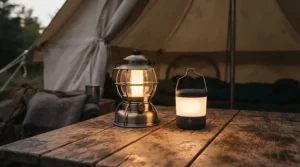 A gas lantern vs LED lantern glowing inside a canvas camping tent during an evening in the Scottish Highlands.