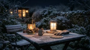 Using a gas lantern vs LED lantern on a frost-covered garden patio during a chilly British winter evening.