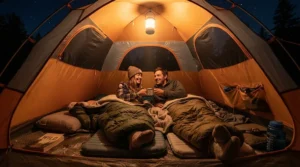 An LED camping lantern hanging from a tent ceiling, casting a warm glow during a late-night trip in the Lake District.