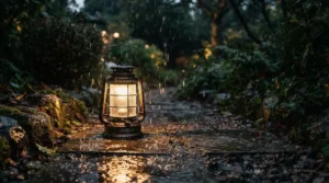 Water-resistant LED lantern for caravan keeping a rainy evening campsite lit up