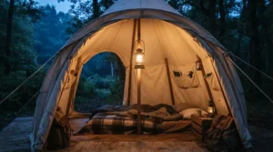 A warm LED lantern for caravan hung from an awning pole during an evening sit-down