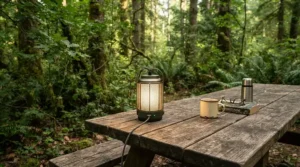 An outdoor LED lantern for caravan illuminating a wooden picnic table at dusk