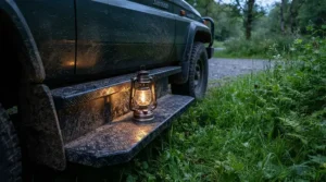 Cosy warm light LED lantern for caravan sitting on the steps of a touring vehicle