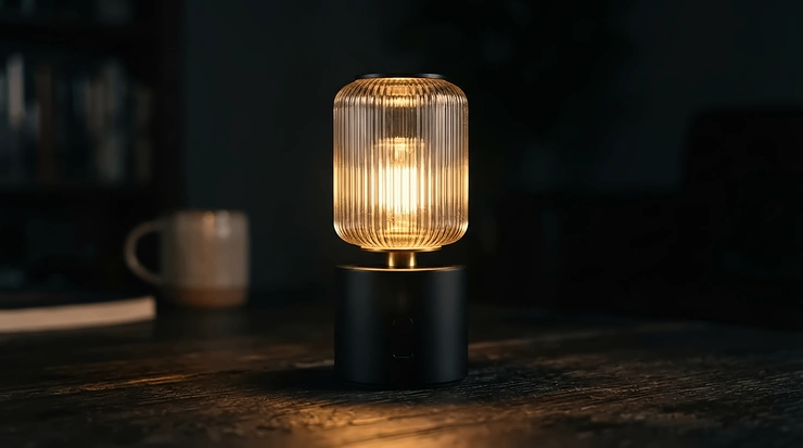 Adjustable colour temperature LED lantern for caravan showing a cosy yellow glow