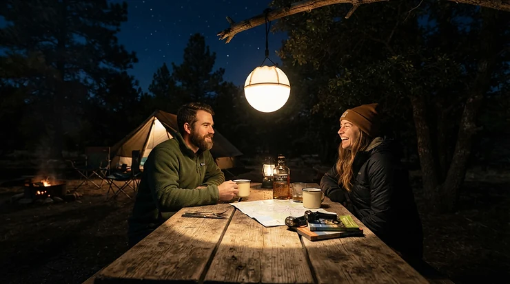 360-degree LED lantern for family camping hanging from a branch to light up a woodland picnic area.
