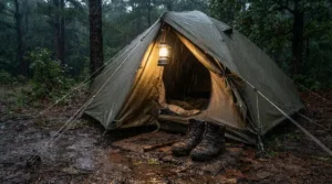 LED lantern for family camping suspended in the porch area of a tent during a drizzly Scottish Highlands trip.