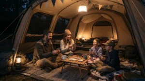 Bright LED lantern for family camping illuminating a large family tent during a rainy evening in the Lake District.
