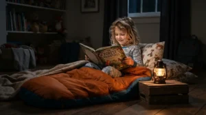 LED lantern for family camping used as a bedside reading light for a child inside a sleeping compartment.