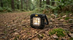 Shatterproof LED lantern for family camping lying on rough grass at a countryside campsite in Cornwall.