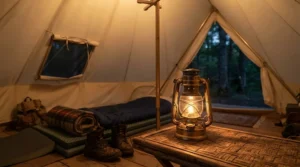 LED lantern for family camping casting a cozy warm white glow inside a traditional canvas bell tent.