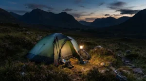 A lightweight LED lantern for backpacking glowing softly outside a bivvy bag in the Scottish Highlands