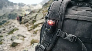 A packable mini hiking light shown as a lightweight LED lantern for backpacking clipped to the outside of a rucksack