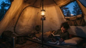 A lightweight LED lantern for backpacking hanging from the ceiling of a small mountain tent at dusk