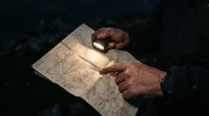 A hiker using a lightweight LED lantern for backpacking to read a topographic map inside a shelter