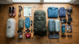 Flat lay of a wild camping kit list featuring a lightweight LED lantern for backpacking alongside a map and compass