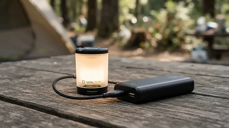 A lightweight LED lantern for backpacking connected to a portable power bank via a USB cable