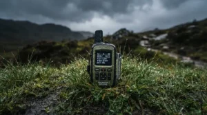 A waterproof lightweight LED lantern for backpacking standing on wet grass during a drizzle