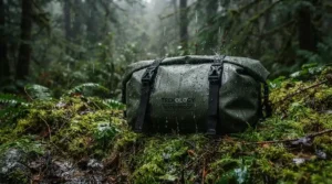 An outdoor enthusiast keeping provisions dry inside an odour-proof food sack during a sudden downpour.