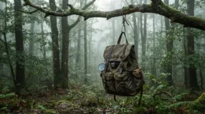 An odour-proof food sack suspended securely from a sturdy branch in a misty woodland campsite.