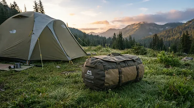 A securely sealed odour-proof food sack resting on the dewy grass outside a lightweight backpacking tent.