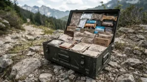 An odour-proof food sack opened up to reveal organised meal packets at a remote highland basecamp.
