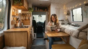 A compact rechargeable camping lantern sitting on a shelf inside a campervan.