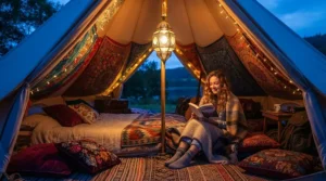 A warm rechargeable camping lantern hanging inside a festival tent at night.