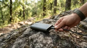 A rechargeable camping lantern connected to a fast-charging cable on a rock.