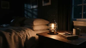 A rechargeable lantern for power cuts glowing on a low-light mode runtime setting