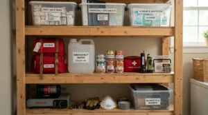 A rechargeable lantern for power cuts packed alongside emergency kit essentials on a shelf
