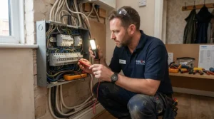 Checking a household fuse box using a rechargeable lantern for power cuts