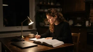 Using a rechargeable lantern for power cuts on a kitchen table during an evening storm