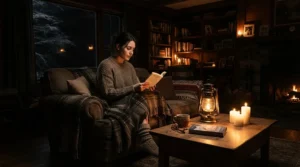 A rechargeable lantern for power cuts illuminating a dark British living room during a blackout