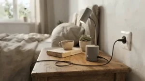 A rechargeable lantern for power cuts plugged into a wall socket for standby battery charging