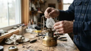 A camper carefully replacing the fragile fabric mantle on their glass-domed gas camping lantern.
