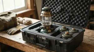 A protective carry case containing a compact gas camping lantern and spare fuel canisters.